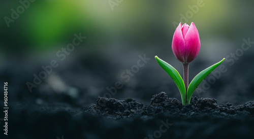 Um close de um delicado botão de flor rosa emergindo do solo escuro e úmido, simbolizando crescimento, potencial e novos começos, contra um fundo desfocado que dá profundidade à imagem. photo