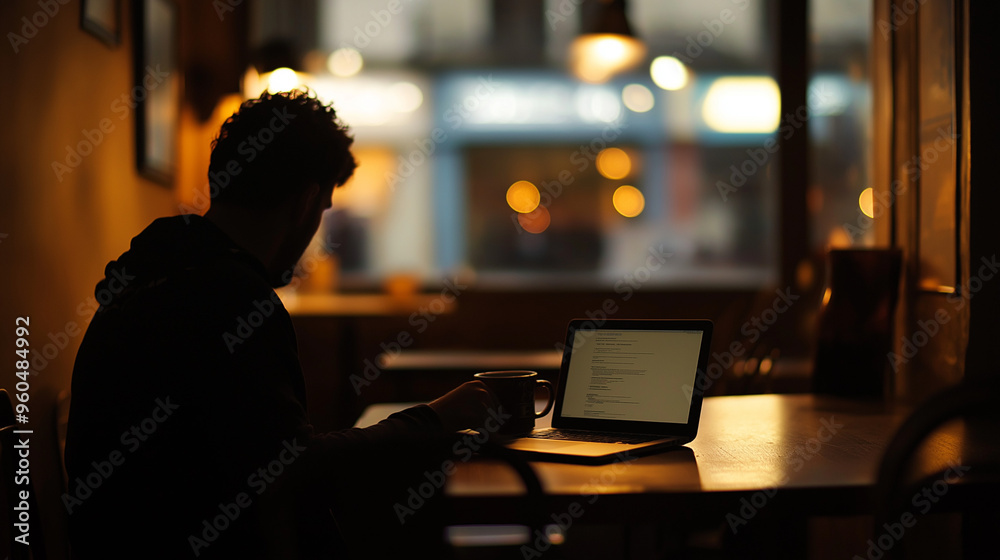 Man working on his laptop in a coffee shop, dark moody lighting Man working on his laptop in a coffee shop, dark moody lighting