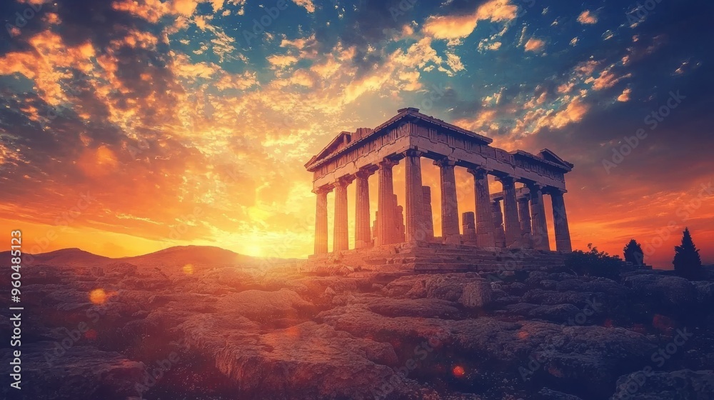 Fototapeta premium Breathtaking Sunset Over Iconic Ancient Greek Temple Ruins in Scenic Landscape