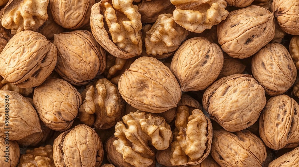 A close-up of a pile of walnuts, showing their brown shells and wrinkled kernels.
A close-up of a pile of walnuts, showing their brown shells and wrinkled kernels.