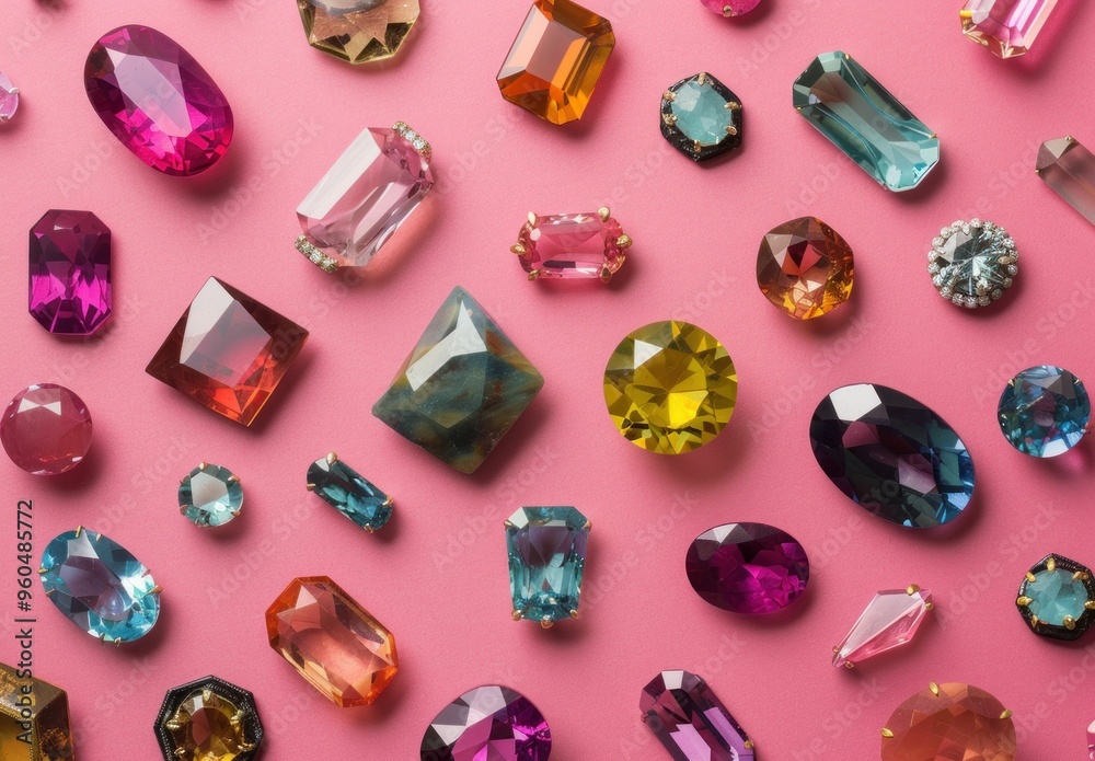 A vibrant display of assorted gemstones on a pink background, showcasing a variety of shapes, colors, and sizes A vibrant display of assorted gemstones on a pink background, showcasing a variety of shapes, colors, and sizes