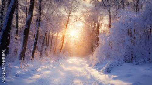 Snowy Forest Path at Sunset