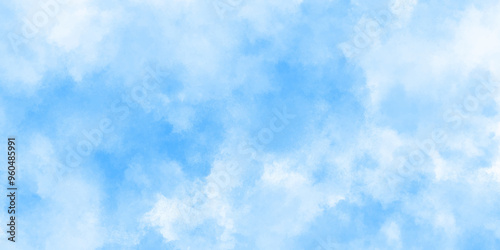 Beautiful blue sky with white clouds. Abstract nature background of romantic summer blue sky with fluffy clouds. Watercolor blue color texture background, clouds and sky pattern illustration cloudy.	
