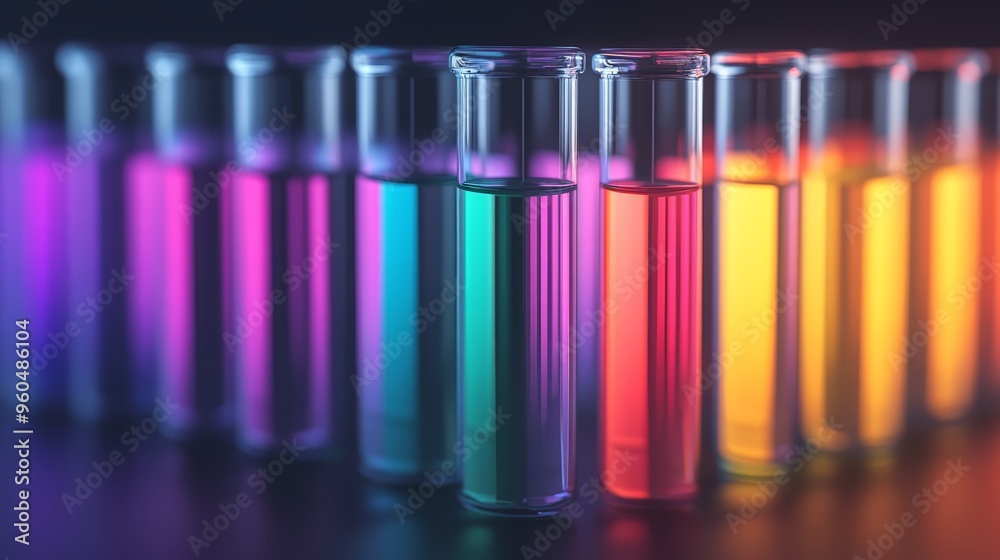 Biotechnology lab featuring multi-colored glowing liquids in test tubes, representing advanced gene therapy research Biotechnology lab featuring multi-colored glowing liquids in test tubes, representing advanced gene therapy research