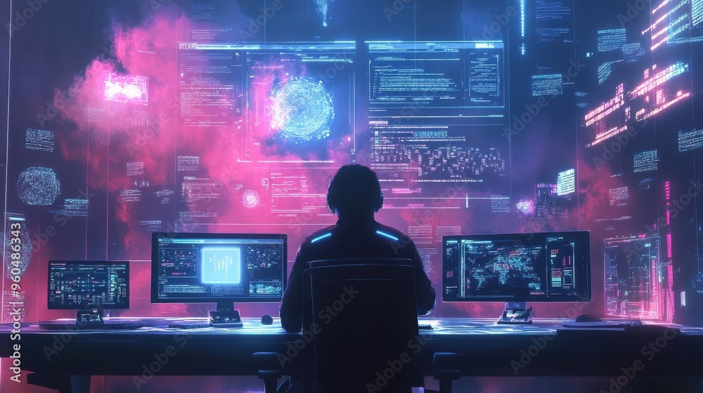 Cyberpunk Hacker Workspace: Futuristic Digital Command Center