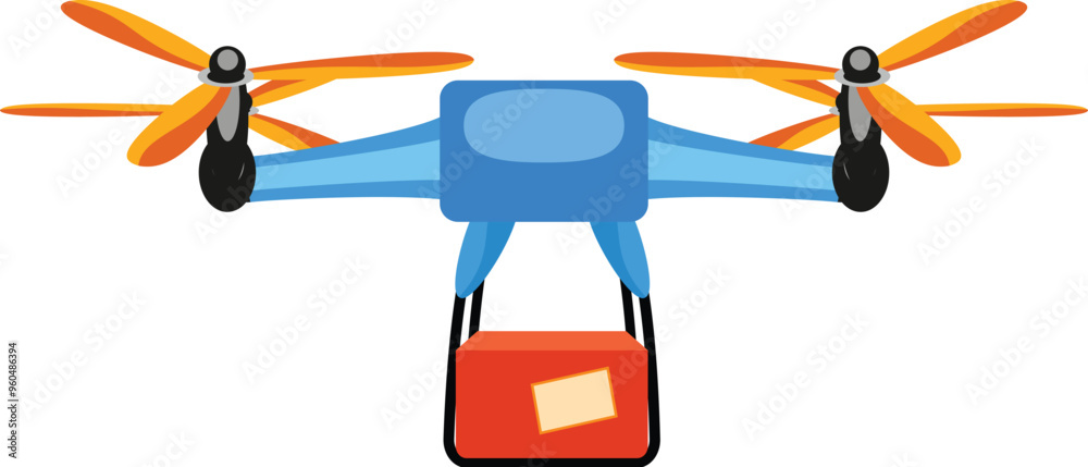 Blue delivery drone carrying a red package with a label, delivering speed and efficiency Blue delivery drone carrying a red package with a label, delivering speed and efficiency