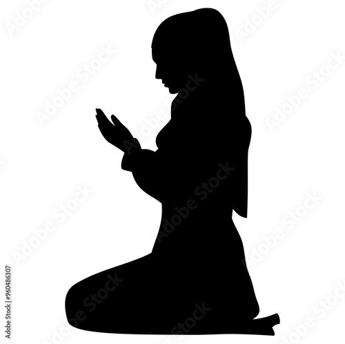 Muslim woman prayer to Allah silhouette. Vector image