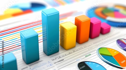 Business Data Analysis with Colorful Bar Charts and Graphs, Financial Reports Close-Up