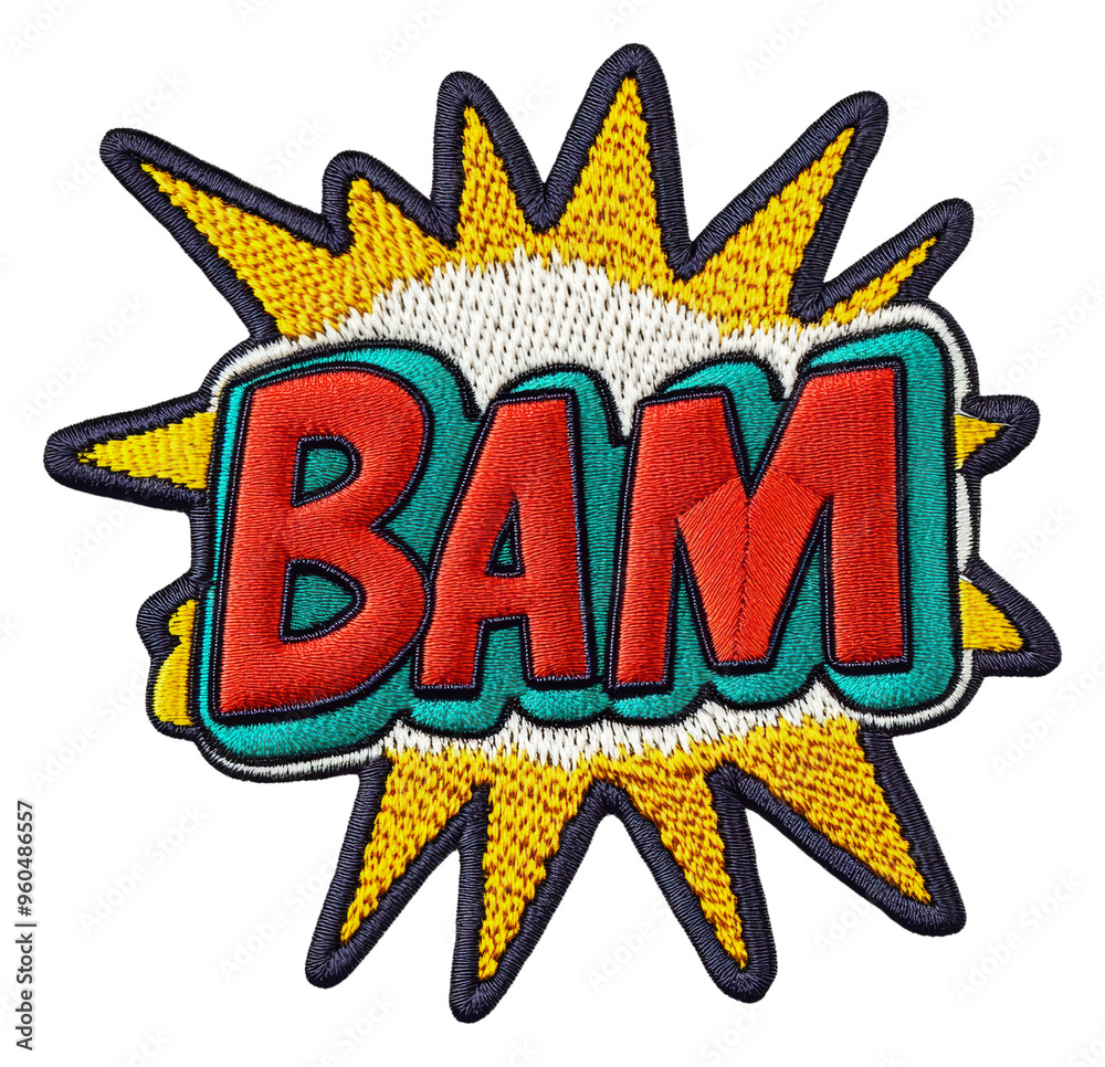 Fototapeta premium BAM patch with colorful explosion design, cut out - stock png.
