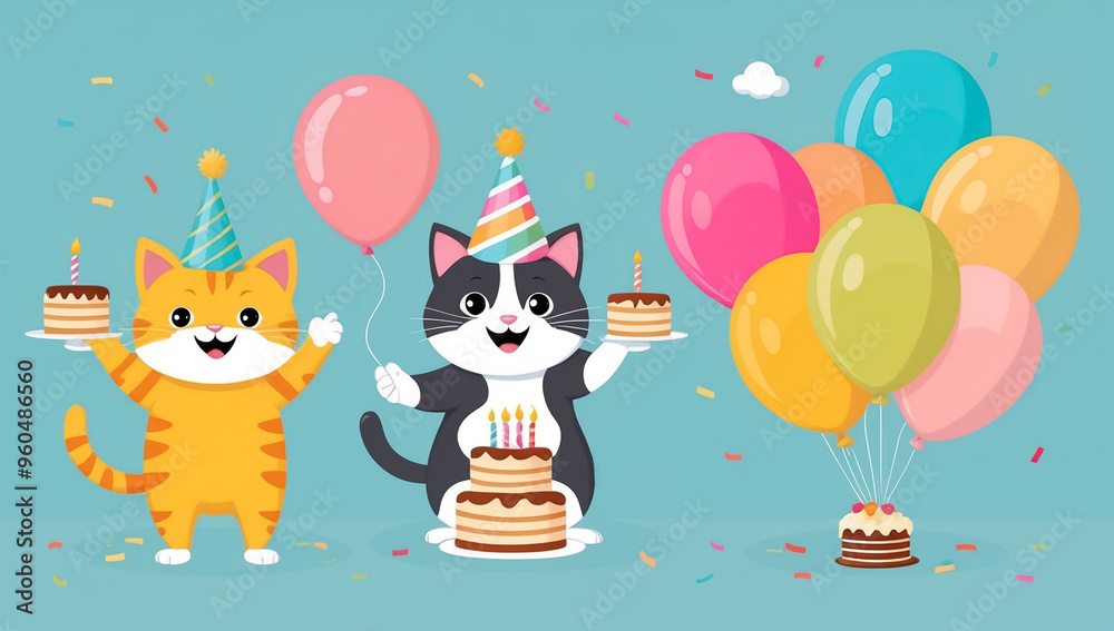 cute cartoon cat with cake, birthday flat design illustration cute cartoon cat with cake, birthday flat design illustration