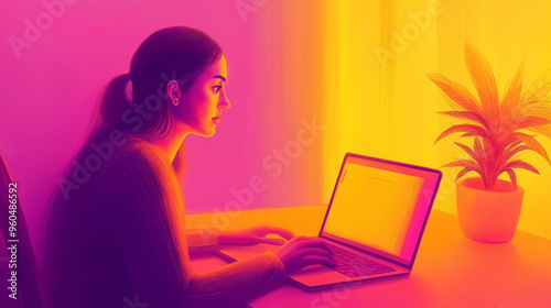 Woman working on a laptop at home illustration