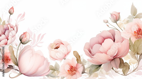 Fototapeta Naklejka Na Ścianę i Meble -  Illustration florale à l'aquarelle. Fleurs, plantes, feuilles. Espace vide de composition. Dessin minimaliste. Couleurs rose, claires, pastel. Pour conception et création graphique.