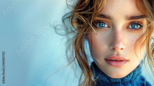 A close-up portrait of a woman with striking blue eyes, captured in soft natural light, highlighting her features and expression. Generative AI