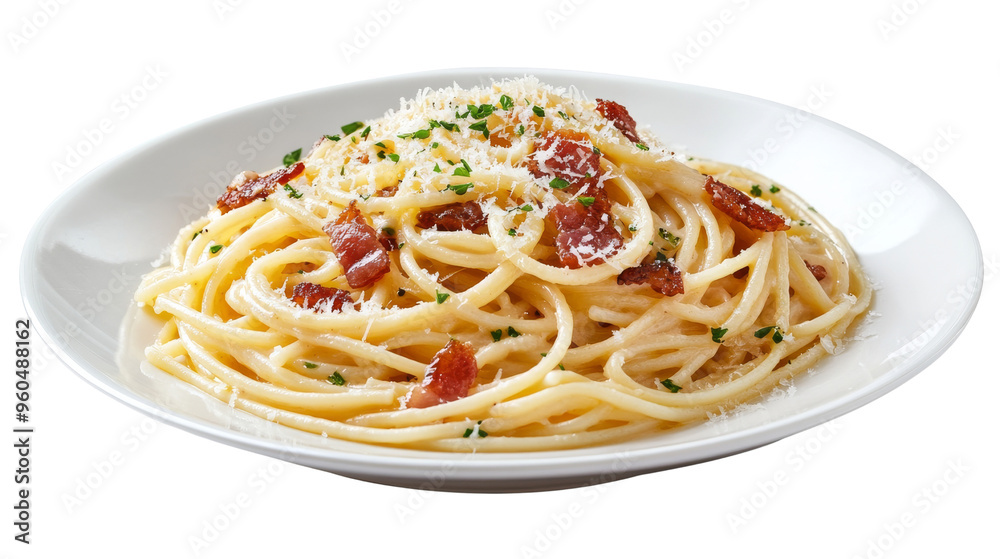 Plate of Creamy Pasta with Bacon and Parmesan Cheese. Plate of Creamy Pasta with Bacon and Parmesan Cheese.