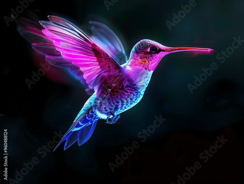 Captivating Neon Hummingbird Hovering in the Darkness with Iridescent Feathers on Black Background