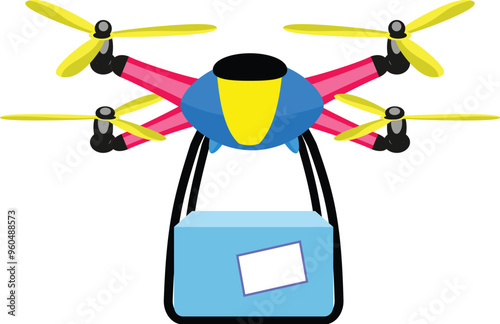Colorful cartoon drone delivering a package, featuring a blank white label for adding your own design