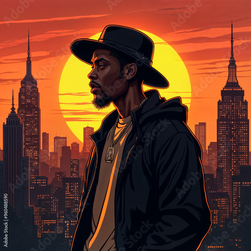 Rapper in Cityscape at Sunset