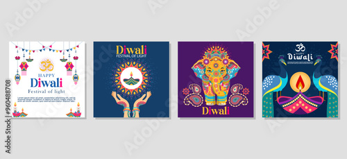 Happy diwali Set of greeting cards, social media post, posters, holiday covers