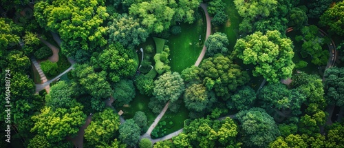 Serene City Park Oasis - Aerial View of Lush Greenery and Tranquil Pathways