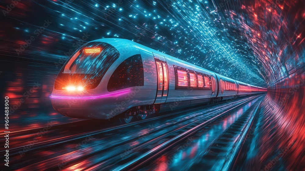 neonlit hyperloop train speeding through a bioluminescent tunnel pulsing with electric blue and vibrant purple energy neonlit hyperloop train speeding through a bioluminescent tunnel pulsing with electric blue and vibrant purple energy