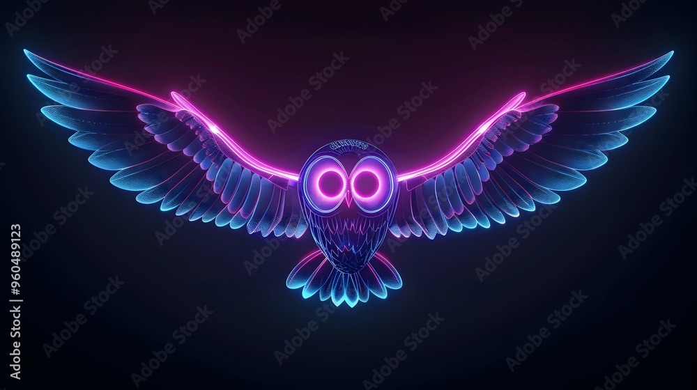 Fototapeta premium Neon Owl Silently Soaring in Night Sky with Glowing Wings on Black Background