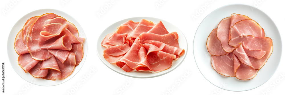 Set of Close-up of freshly sliced ham with a glossy texture on transparent background Set of Close-up of freshly sliced ham with a glossy texture on transparent background