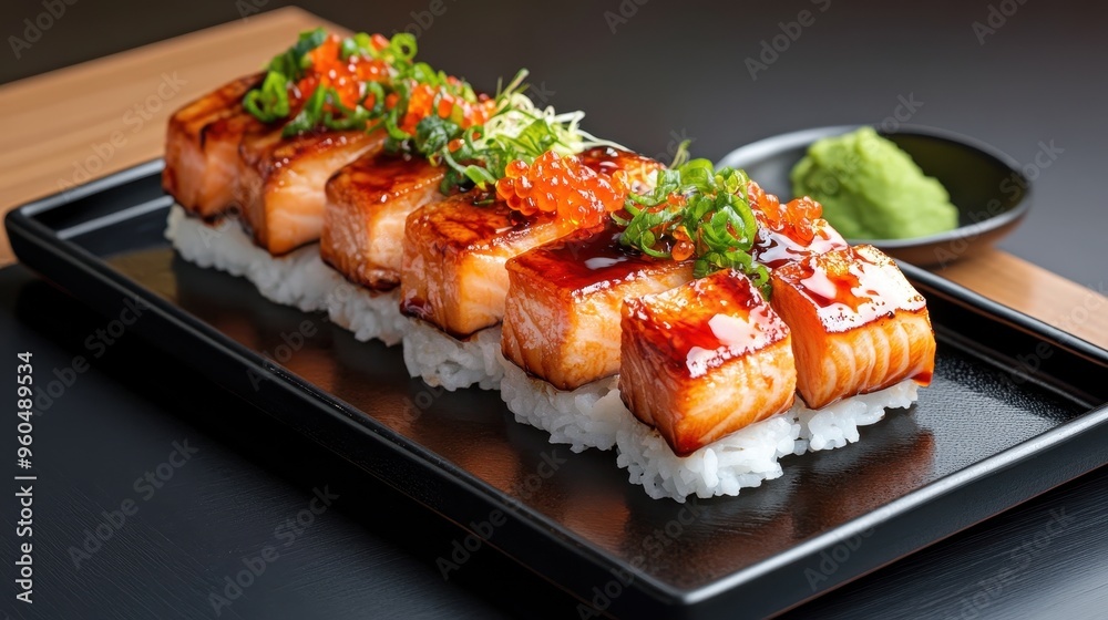 Japanese Salmon Sushi Nigiri with Tobiko and Green Onions Japanese Salmon Sushi Nigiri with Tobiko and Green Onions