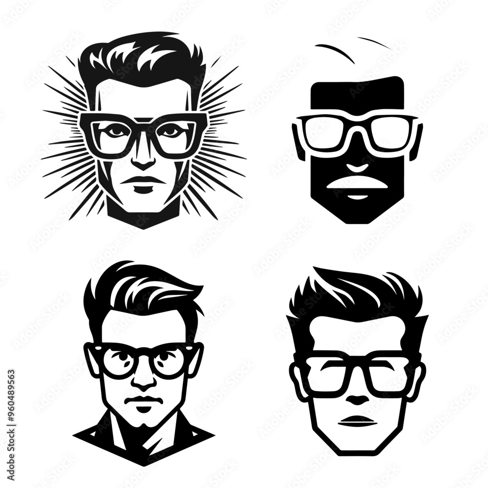 a set of stylized heads of men with short hair and glasses, sunglasses. Black and white vector style, icon, logo. a set of stylized heads of men with short hair and glasses, sunglasses. Black and white vector style, icon, logo.