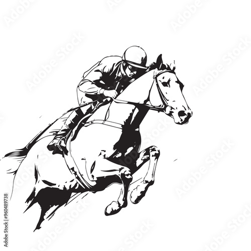Jockey riding a racehorse black silhouette vector illustration isolated on white background.