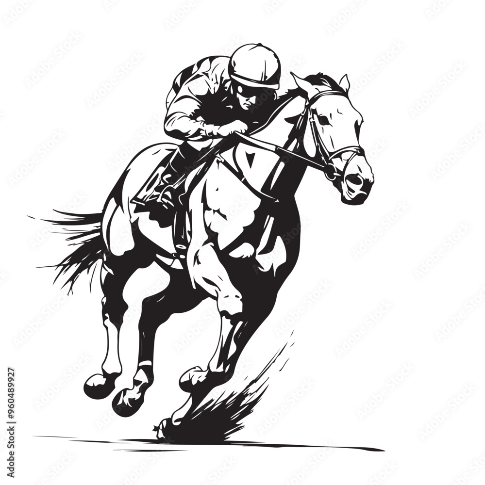 Naklejka premium Jockey riding a racehorse black silhouette vector illustration isolated on white background.
