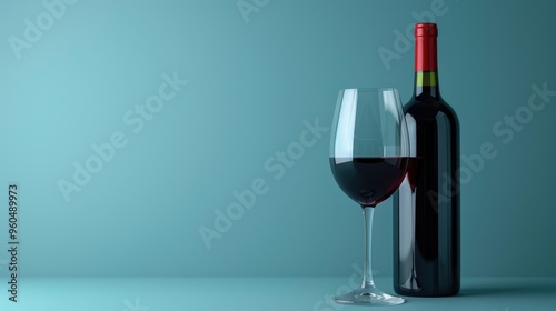 Red wine in bottle and glass against blue background with space for text.