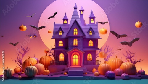 A spooky haunted house with glowing windows, surrounded by floating bats and pumpkins.