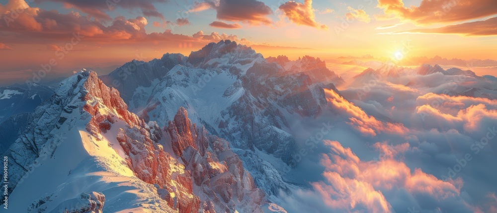 Naklejka premium Majestic Mountain Range Silhouetted at Sunset - Aerial View of Dramatic Peaks and Valleys