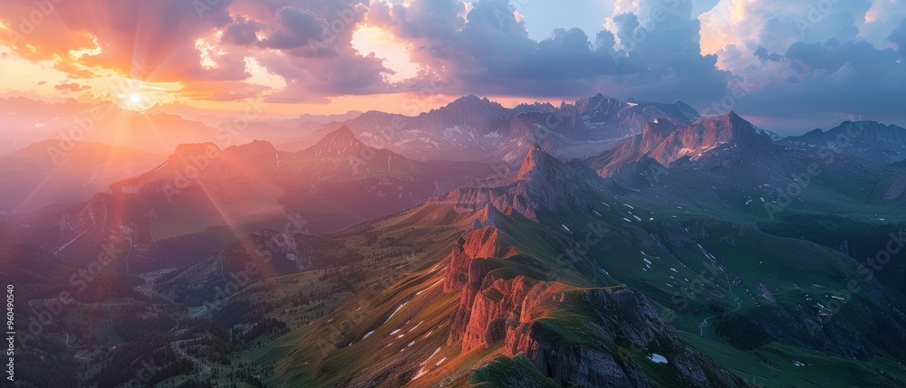 Obraz premium Majestic Sunset Over Mountain Range - Aerial View of Dramatic Peaks and Valley at Dusk