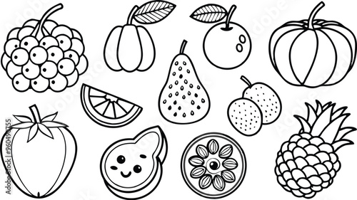 Cute Cartoon Fruits set - Apple, Banana, Orange, Strawberry, Blueberry, Grape, Watermelon, Pineapple, Mango, Peach, Pear, Cherry, Raspberry, Blackberry, Kiwi, Lemon, Lime, Pomegranate, Plum, Avocado, 