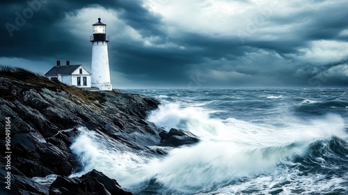 A lighthouse braves fierce waves crashing against rocks as dark clouds loom overhead, creating a dramatic atmosphere near the coast at twilight