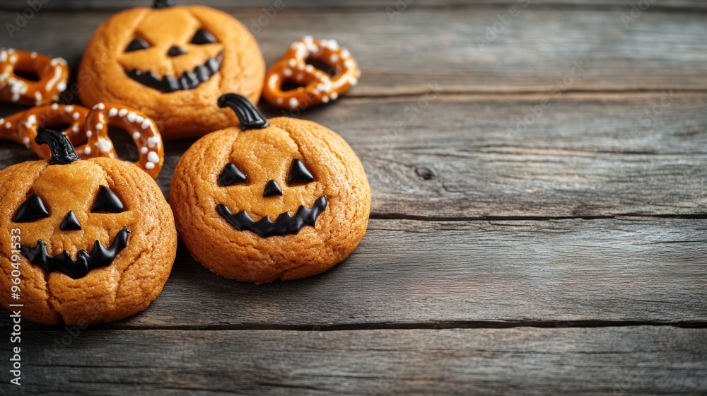 halloween treats like jack-o-lantern cookies and witch finger pretzels on wooden table, perfect for spooky celebrations with space for your text halloween treats like jack-o-lantern cookies and witch finger pretzels on wooden table, perfect for spooky celebrations with space for your text