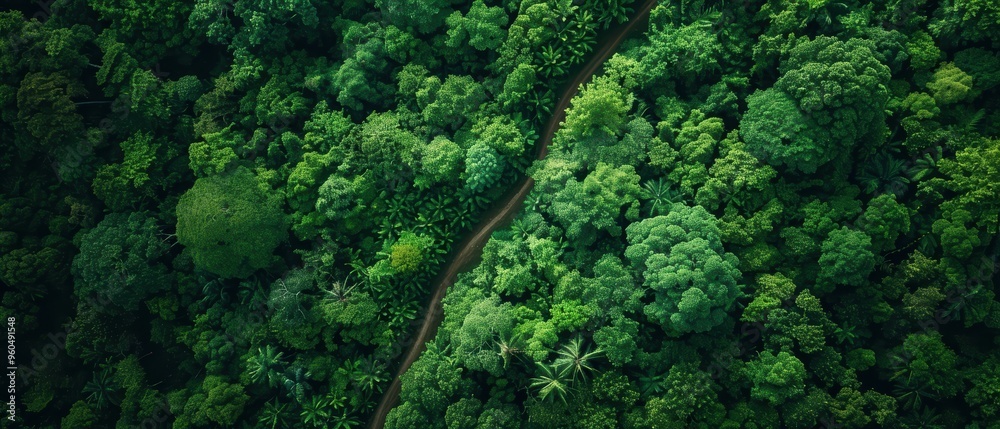 Serene Aerial View of Lush Forest Canopy with Meandering Winding Path Through Greenery - Nature Landscape Photography