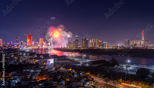 Wallpaper Mural Celebration. Skyline with fireworks light up sky over business district in Ho Chi Minh City ( Saigon ), Vietnam. Beautiful night view cityscape. Torontodigital.ca