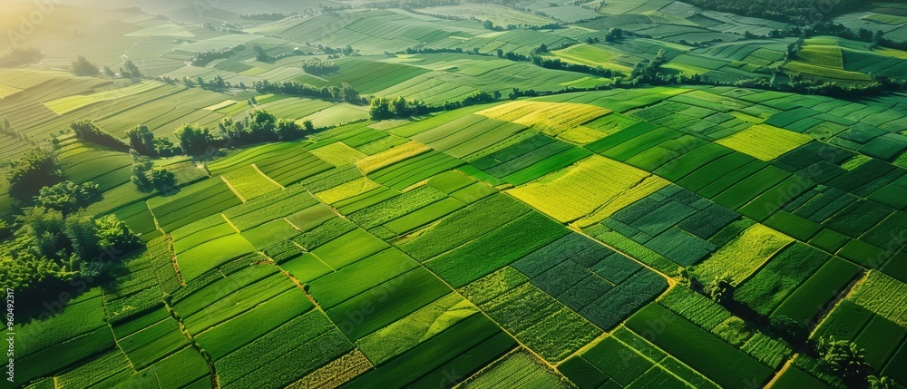 Fototapeta premium Aerial View of Vibrant Lush Green Farmland and Fields