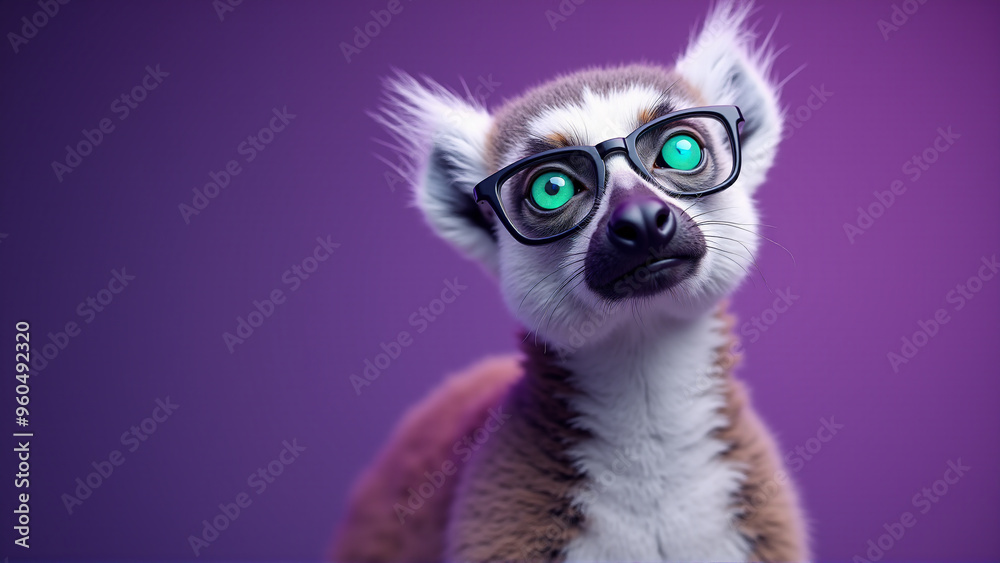 Lemur with beautiful green eyes on a purple background Lemur with beautiful green eyes on a purple background