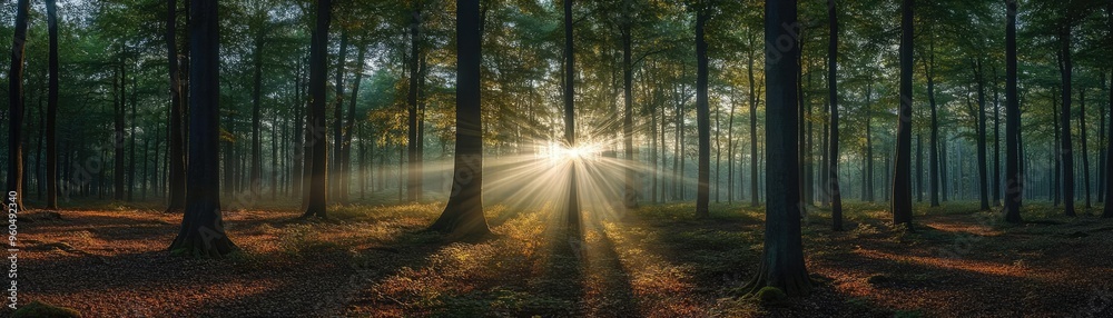 Naklejka premium A serene forest scene with sunlight filtering through trees, creating a peaceful atmosphere and showcasing nature's beauty.