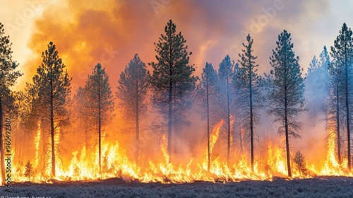 Dramatic forest fire raging through towering pine trees as thick smoke fills the sky and flames illuminate the landscape