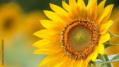 Bright sunflower in bloom, closeup view with blurred background Created with Generative AI. photo