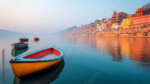 Sunrise over the Ganges River in Varanasi, India, with boats and a cityscape in the background.