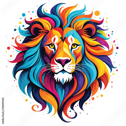 Colorful polygonal lion portrait vector illustration vibrant on white background, ideal for wall art