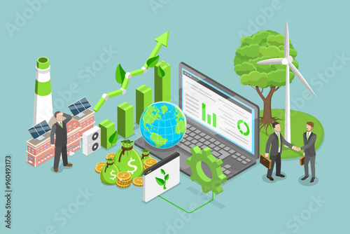 3D Isometric Flat Vector Illustration of Green Finance , Growth Economic Sustainability