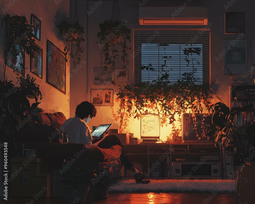 Cozy Living Room Retreat, a warm space with soft lighting, a person immersed in a book, surrounded by inviting decor and comfort. Cozy Living Room Retreat, a warm space with soft lighting, a person immersed in a book, surrounded by inviting decor and comfort.