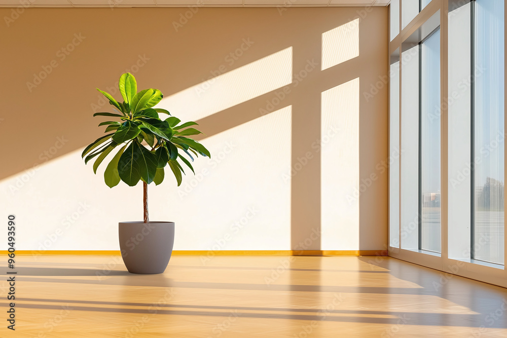an empty, soulless office with a single plant thriving, concept of fired employees or bankrupt business an empty, soulless office with a single plant thriving, concept of fired employees or bankrupt business