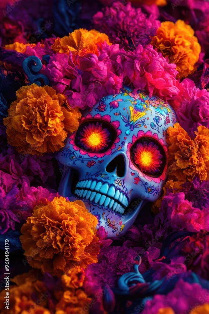 Colorful skull surrounded by vibrant marigold flowers, capturing the essence of Day of the Dead celebrations. Colorful skull surrounded by vibrant marigold flowers, capturing the essence of Day of the Dead celebrations.